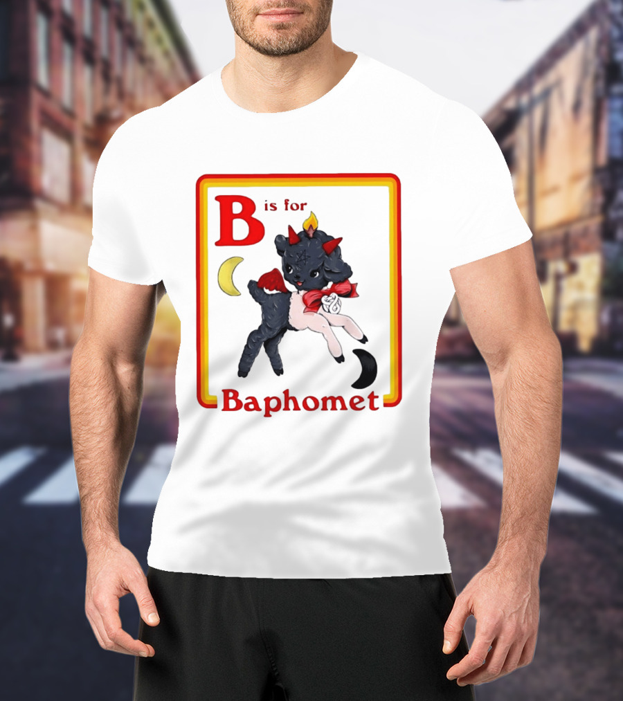 B Is For Baphomet Cartoon Baby Goat Pentacle Moon Horns Flame T-Shirt