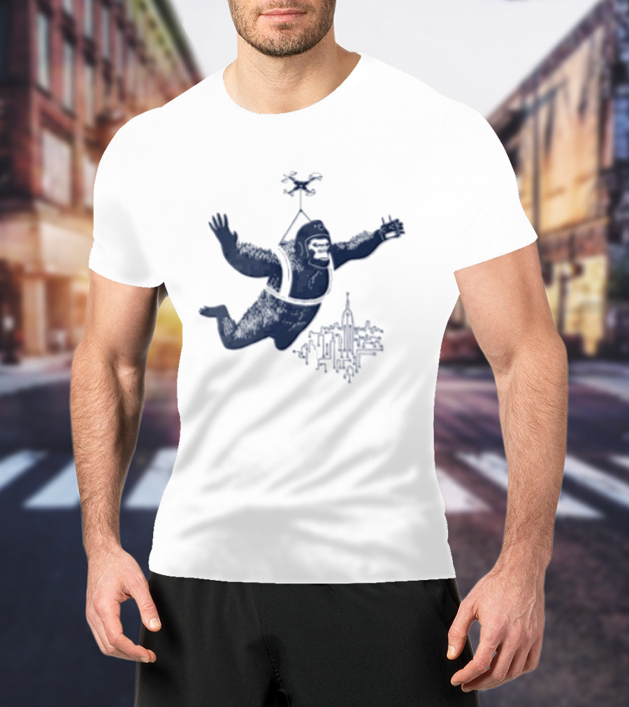 Gorilla Parachuting With Drone Over City Skyline T-Shirt