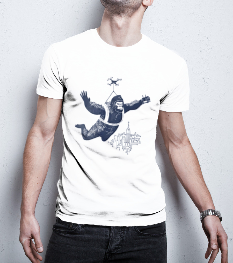 Gorilla Parachuting With Drone Over City Skyline T-Shirt