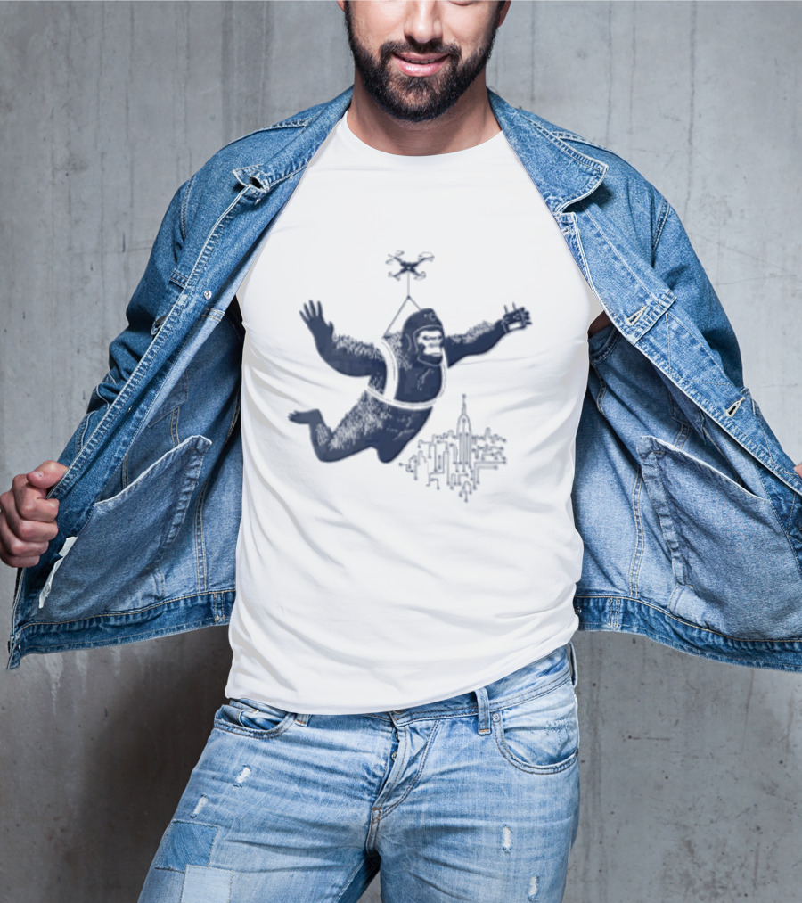 Gorilla Parachuting With Drone Over City Skyline T-Shirt