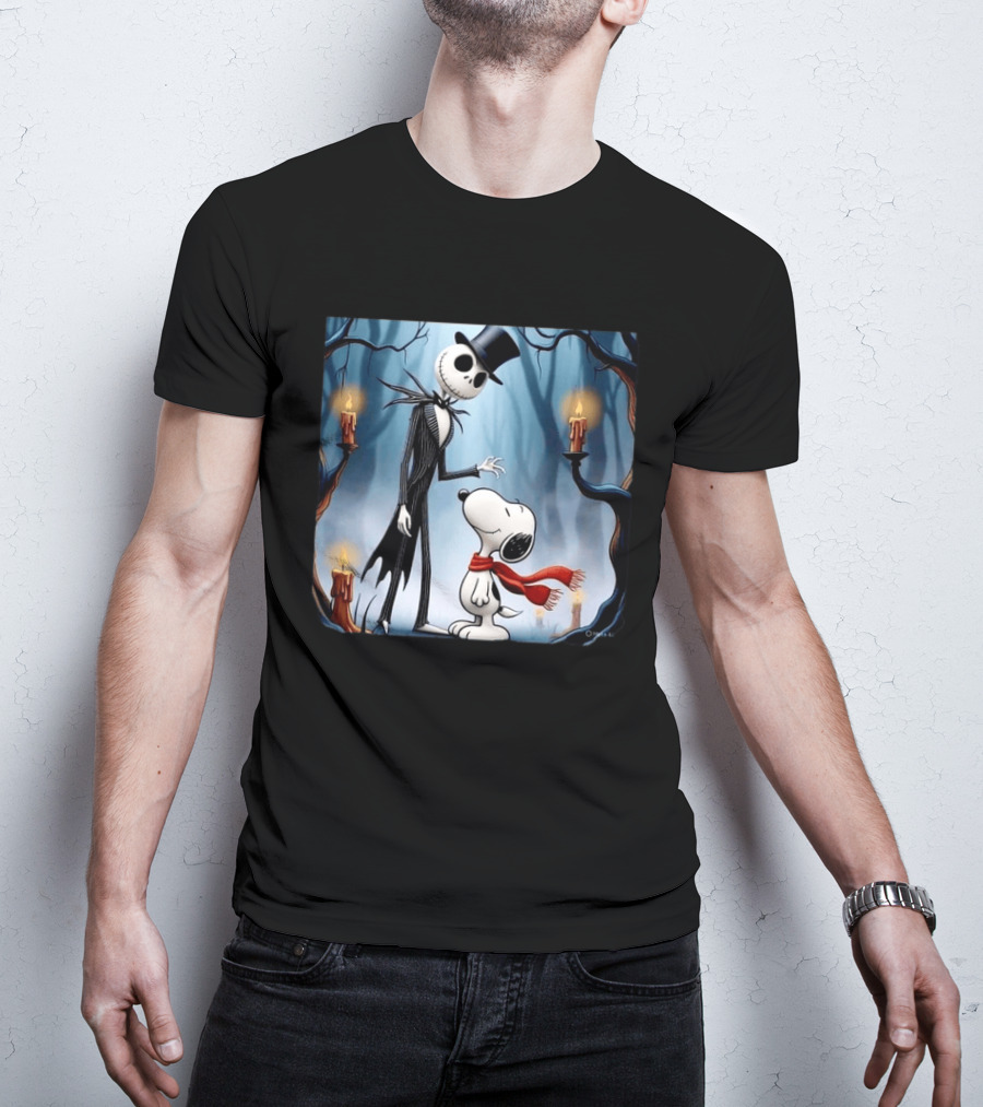 The Nightmare Before Christmas Jack Skellington And Snoopy Candles In Haunted Forest T-Shirt