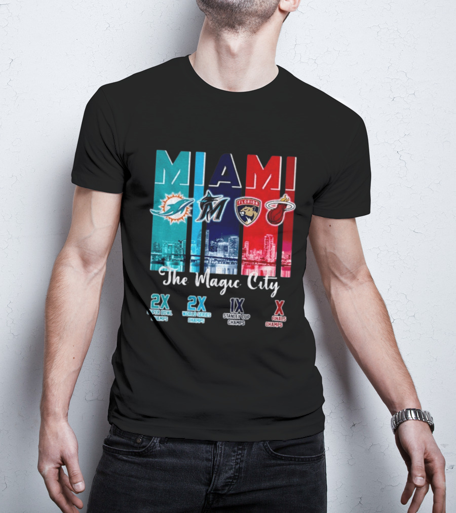 MIAMI The Magic City Dolphins Marlins Panthers Heat Champs T-Shirt