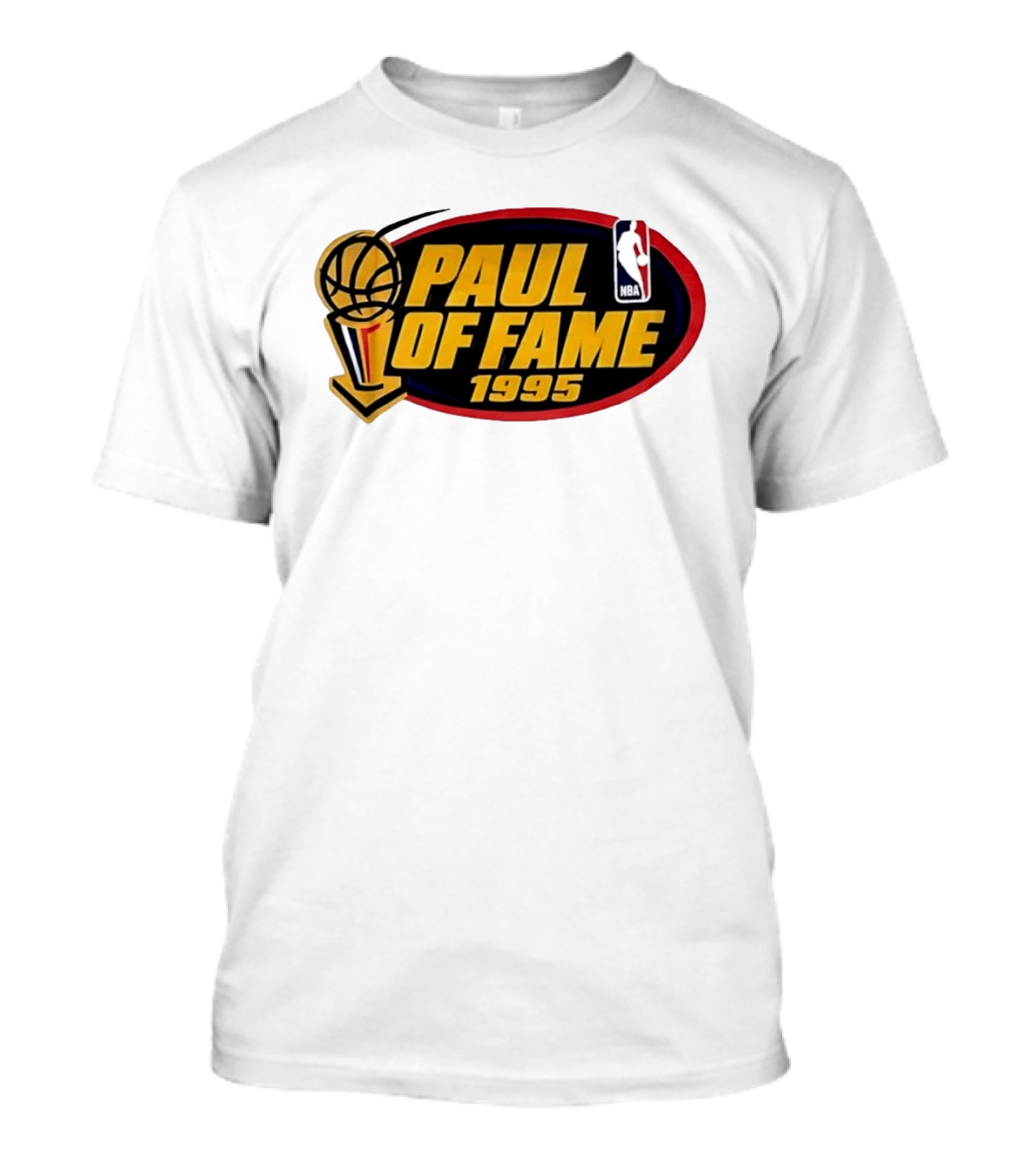 NBA Paul Of Fame 1995 Golden Basketball Trophy Red Oval Frame T-Shirt