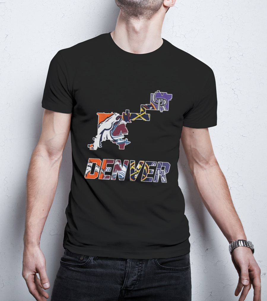 Denver Broncos Nuggets Avalanche Rockies Team Map T-Shirt