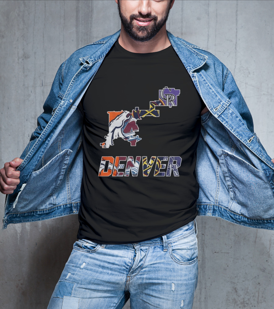 Denver Broncos Nuggets Avalanche Rockies Team Map T-Shirt