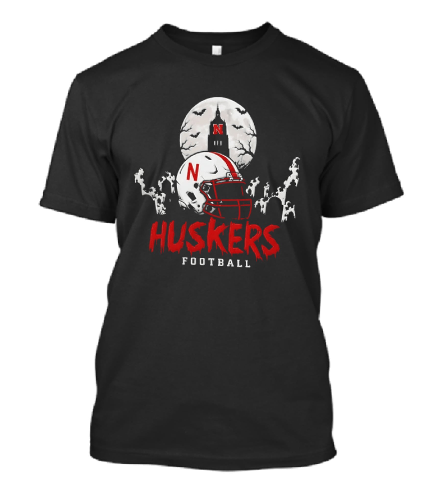Nebraska Huskers Football Halloween Spooky Helmet Bats Moon 2026 T-Shirt