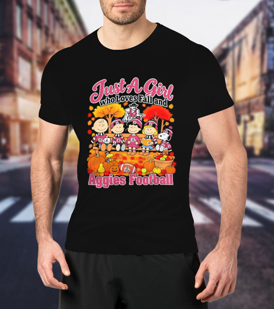 Just A Girl Who Loves Fall And Aggies Football With Charlie Brown And Snoopy T-Shirt