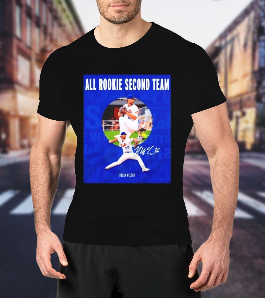 Nolan McLean No 22 Mets All Rookie Second Team Signature Pitching Action T-Shirt
