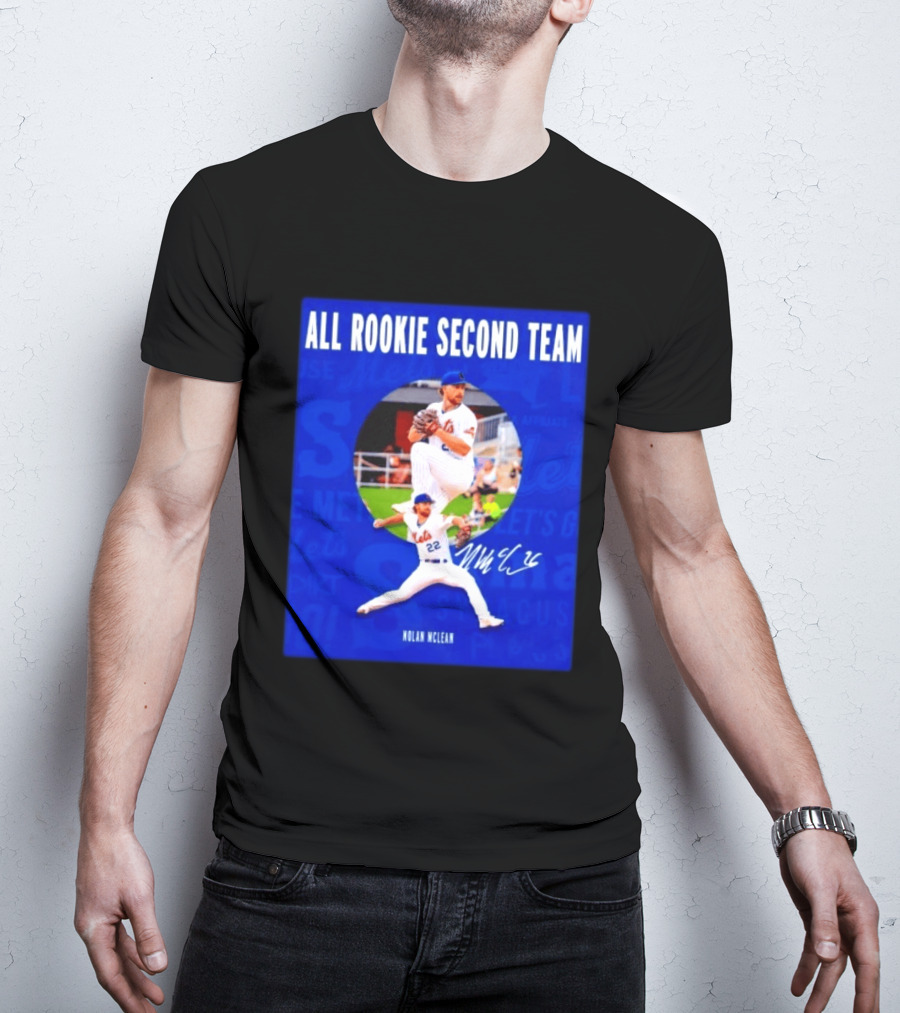 Nolan McLean No 22 Mets All Rookie Second Team Signature Pitching Action T-Shirt