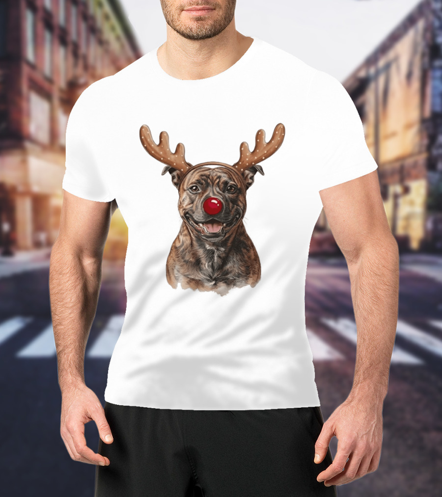 Brindle Pit Bull With Reindeer Antlers And Red Nose T-Shirt