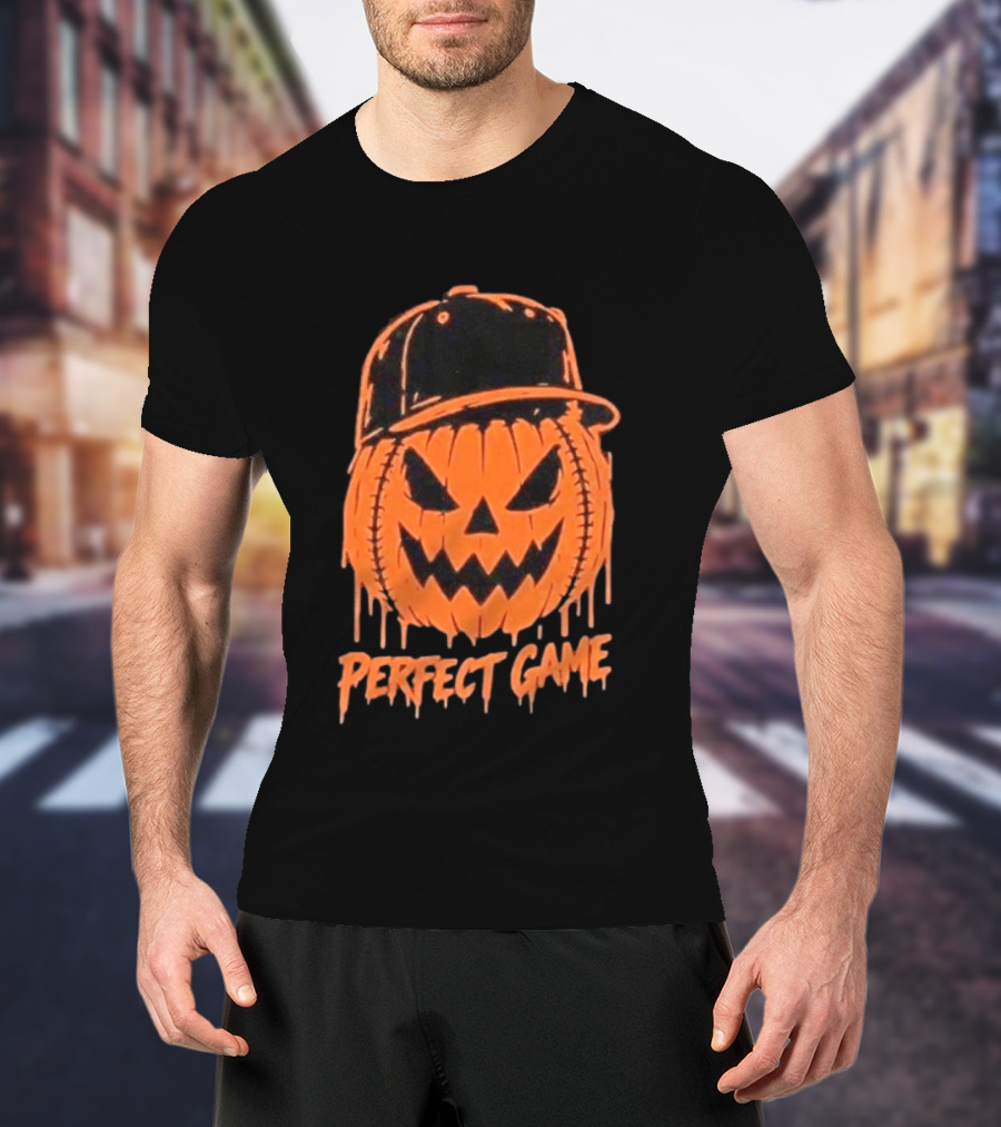 Perfect Game Halloween Pumpkin Baseball Hat Creepy Face T-Shirt