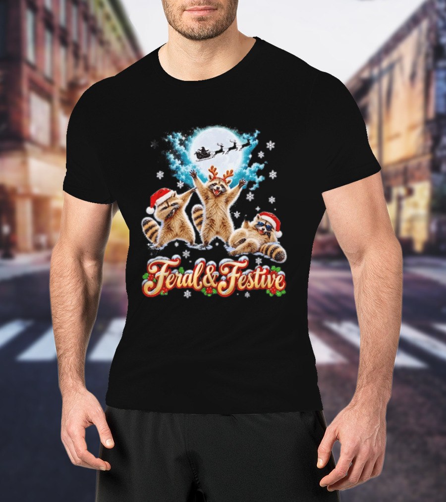 Feral And Festive Raccoons Christmas Holiday Santa And Reindeer T-Shirt