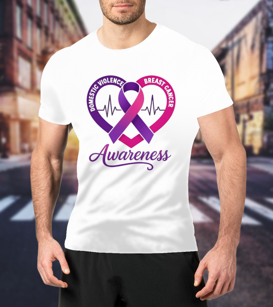 Domestic Violence And Breast Cancer Awareness Heart Ribbon Purple Pink T-Shirt