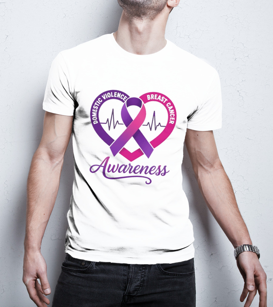 Domestic Violence And Breast Cancer Awareness Heart Ribbon Purple Pink T-Shirt