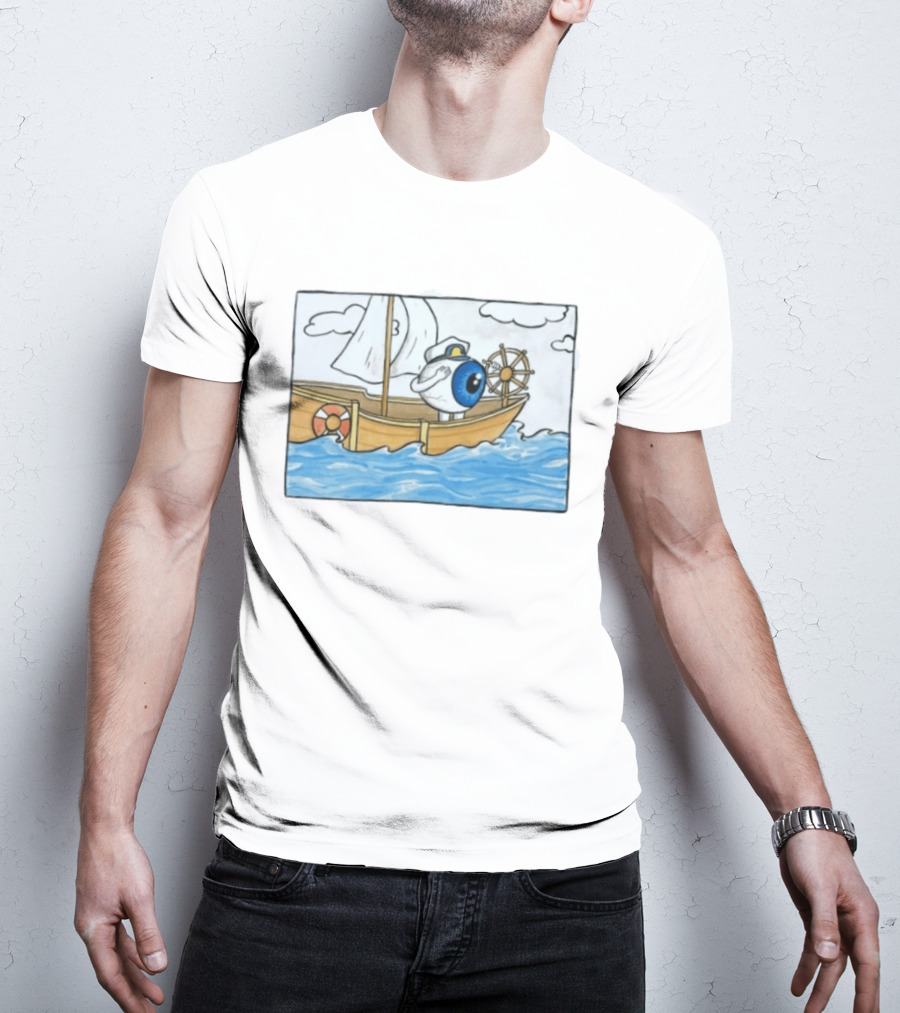 Eye Eye Captain Cartoon Eyeball Sailor Steering Ship Ocean Waves T-Shirt