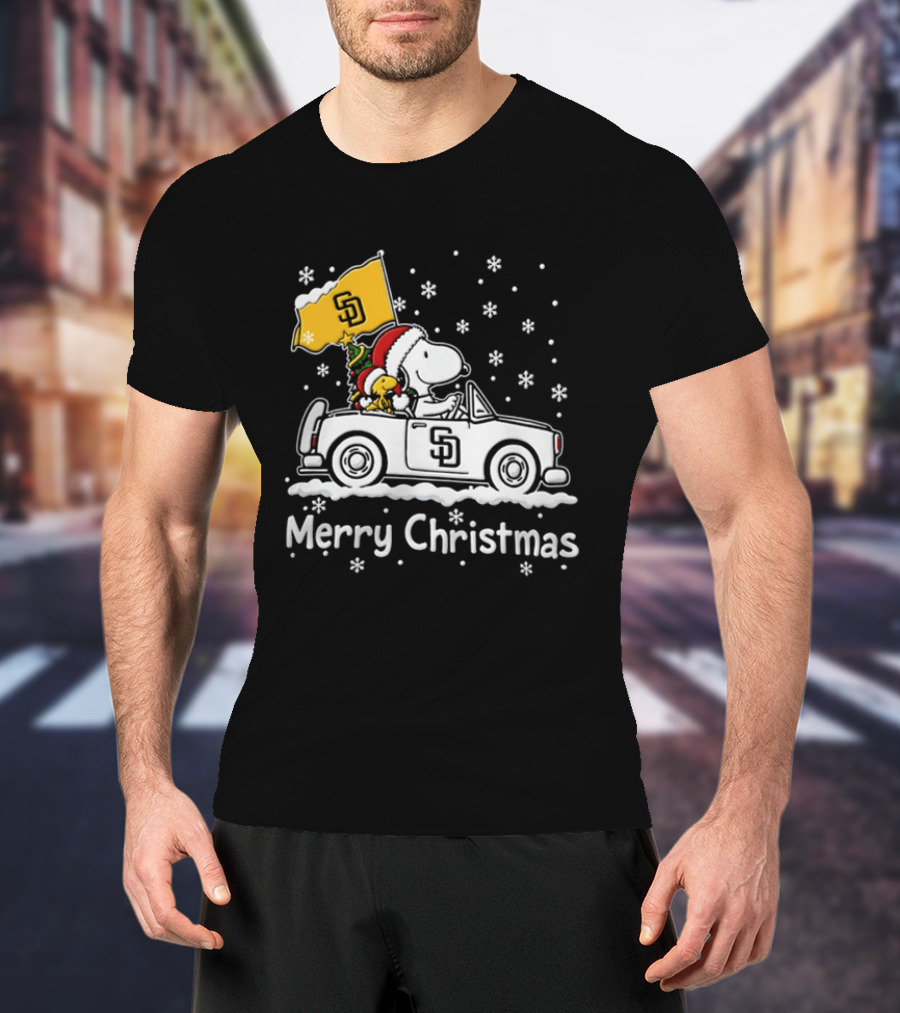 Snoopy And Woodstock Driving San Diego Padres Car Merry Christmas 2026 T-Shirt