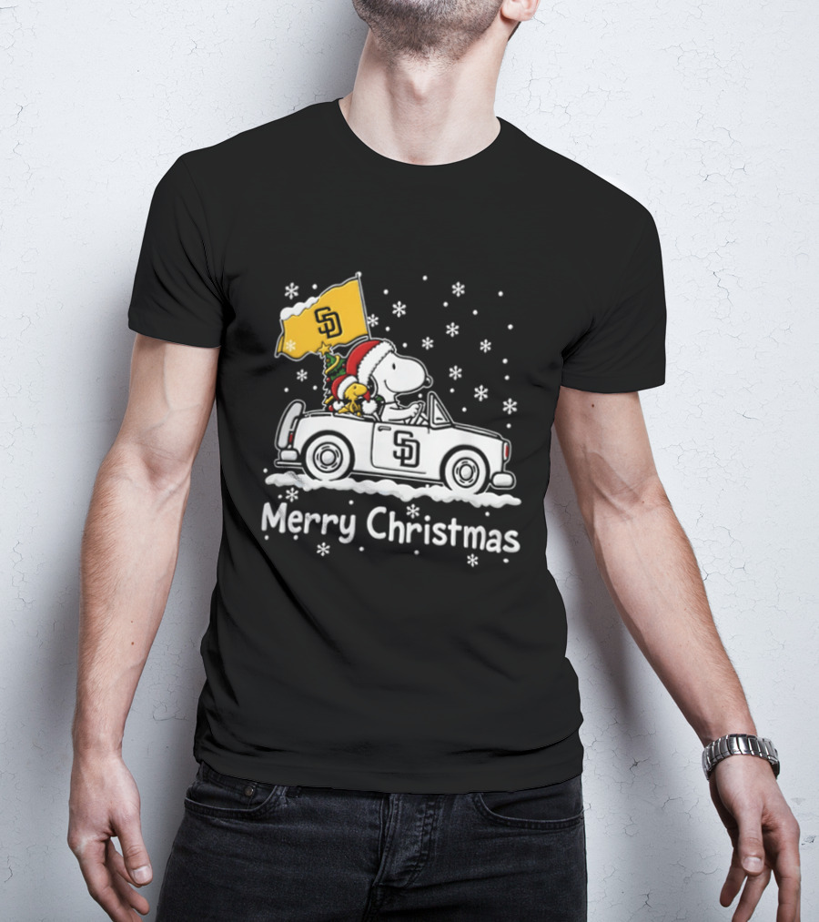 Snoopy And Woodstock Driving San Diego Padres Car Merry Christmas 2026 T-Shirt
