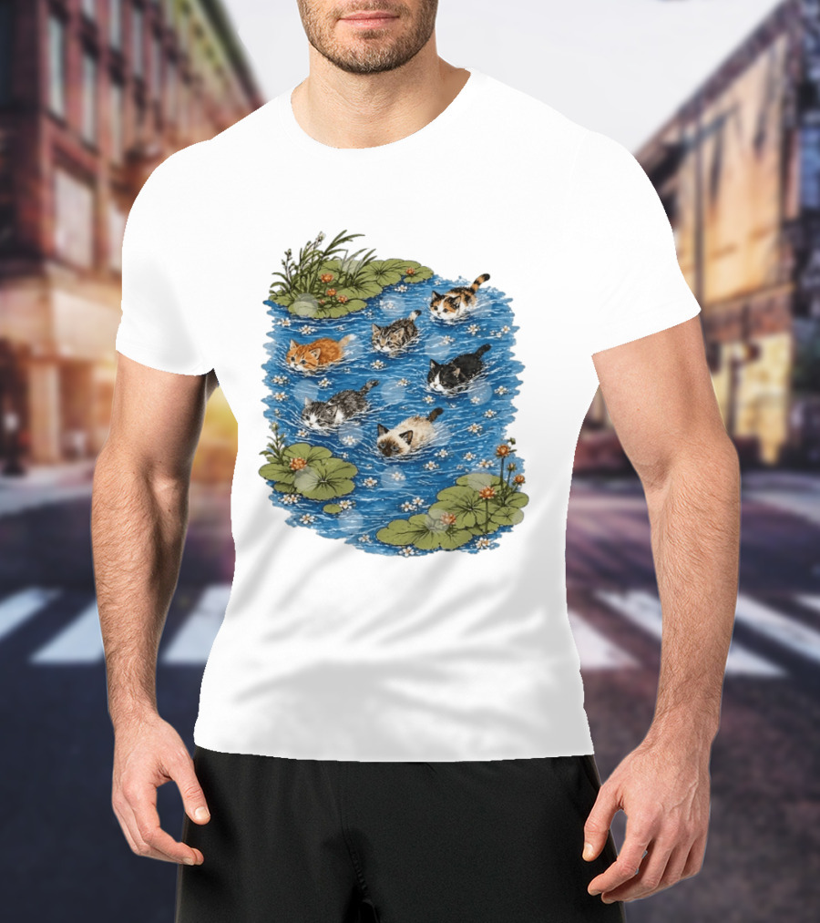 Kittens Swimming Among Water Lilies In Pond Scene T-Shirt
