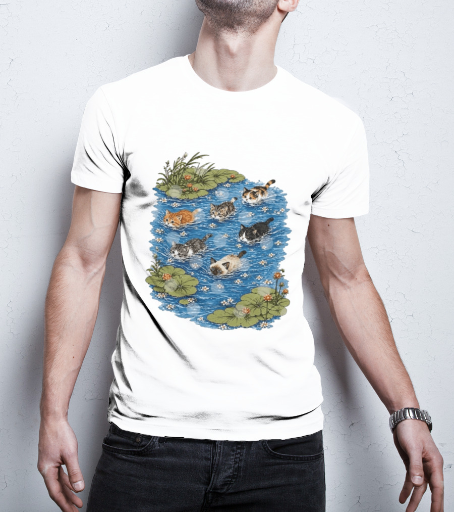 Kittens Swimming Among Water Lilies In Pond Scene T-Shirt