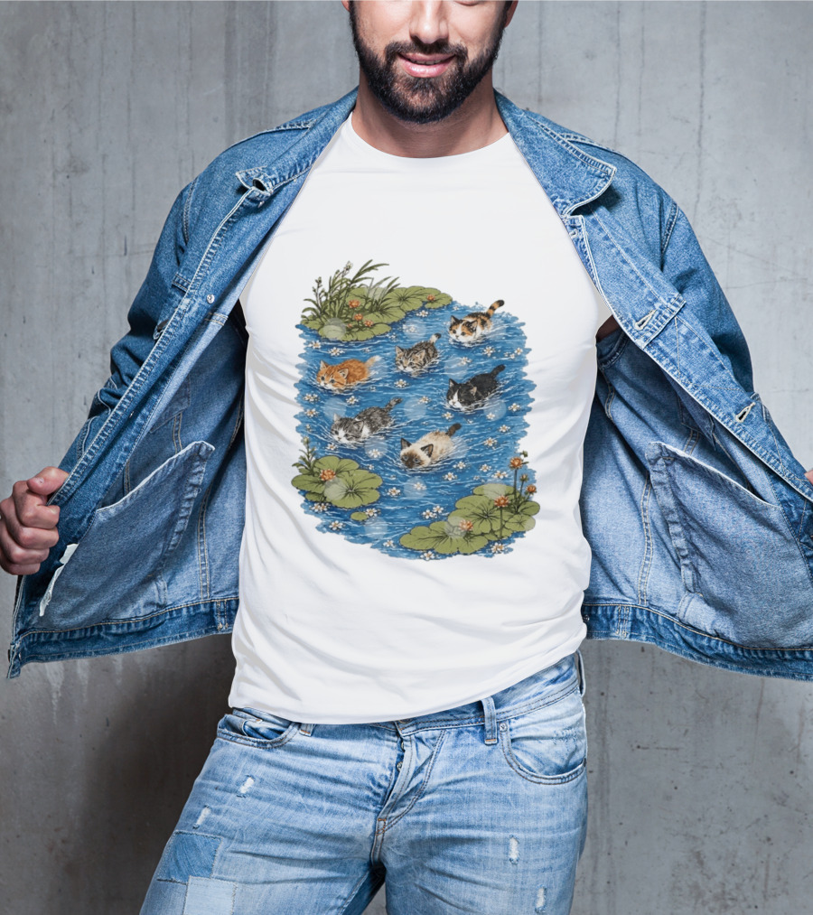 Kittens Swimming Among Water Lilies In Pond Scene T-Shirt