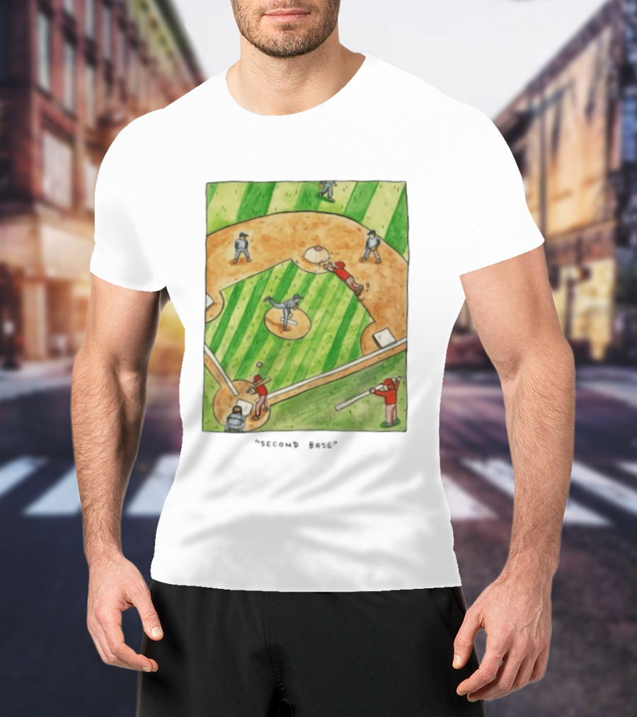 Second Base Baseball Cartoon Humor Action Play Scene T-Shirt