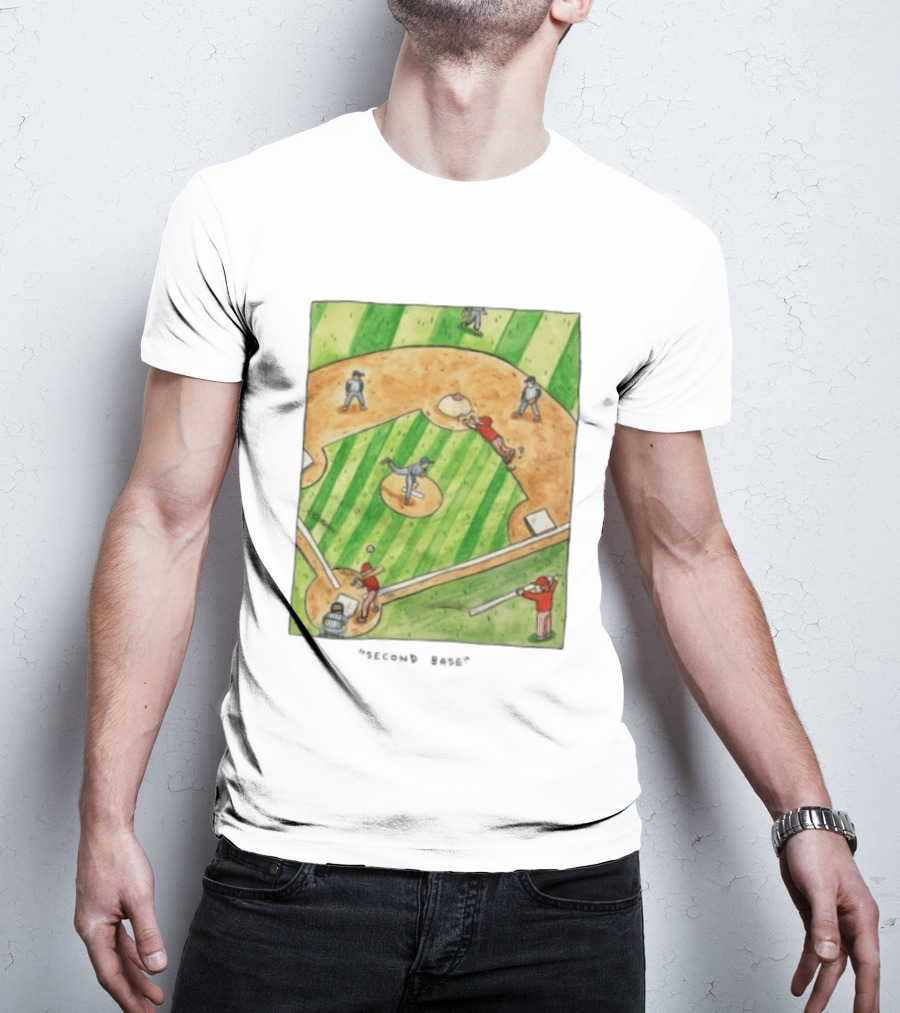 Second Base Baseball Cartoon Humor Action Play Scene T-Shirt
