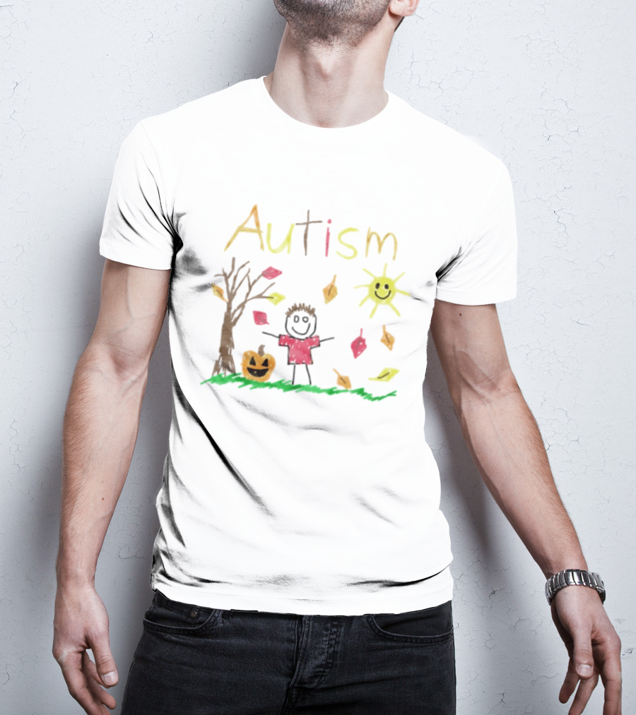 Autism Awareness Child With Pumpkin Autumn Leaves Sun And Tree T-Shirt