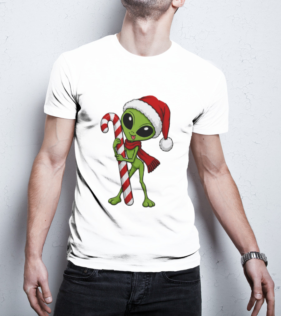 Green Santa Hat Alien With Red Scarf Holding Candy Cane Christmas T-Shirt
