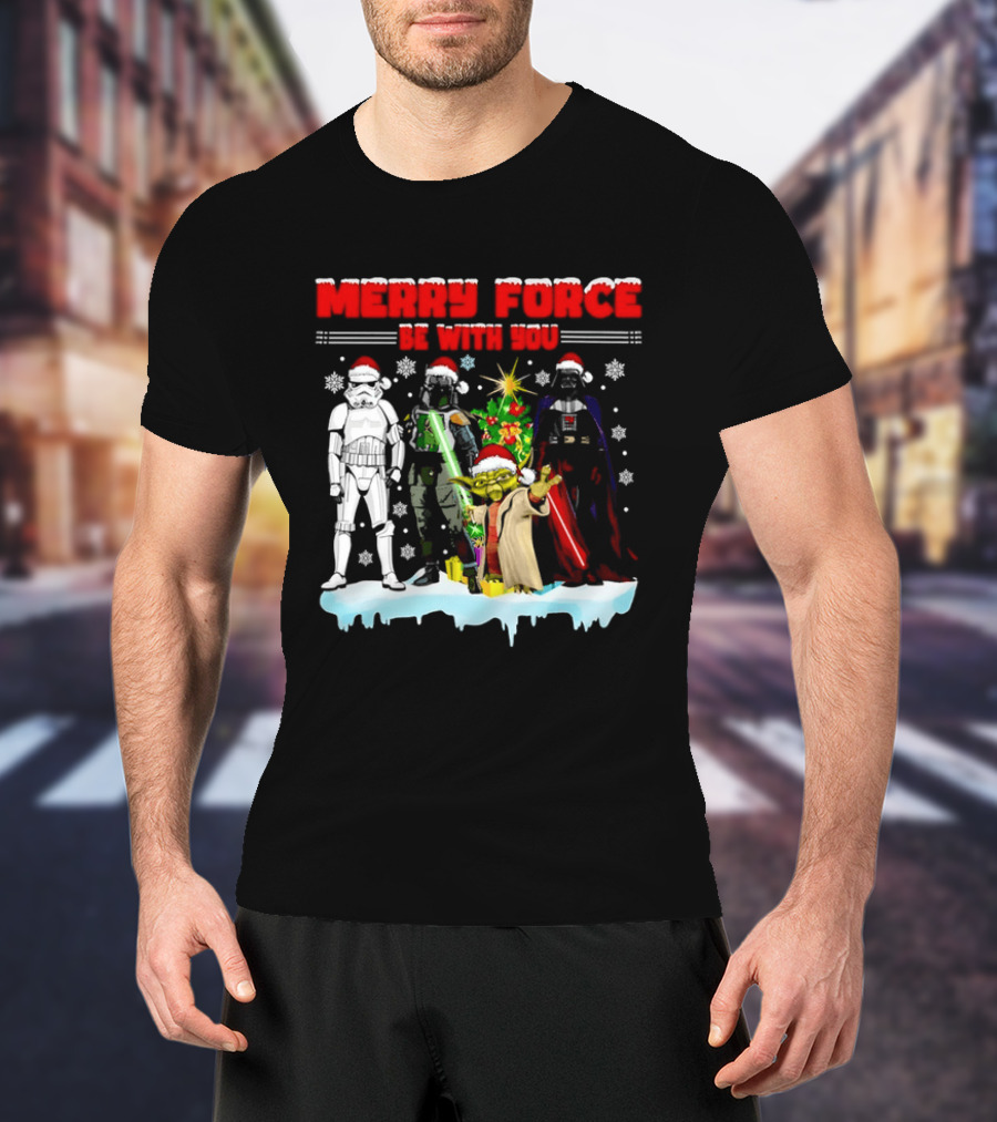 Star Wars Merry Force Be With You Christmas Characters Stormtrooper Yoda Darth Vader Santa Hats T-Shirt