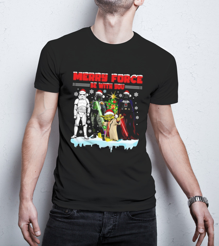 Star Wars Merry Force Be With You Christmas Characters Stormtrooper Yoda Darth Vader Santa Hats T-Shirt