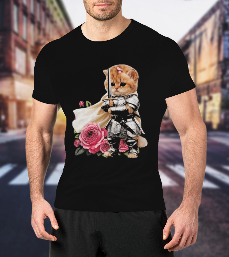 Knight Cat Holding Sword With Roses T-Shirt
