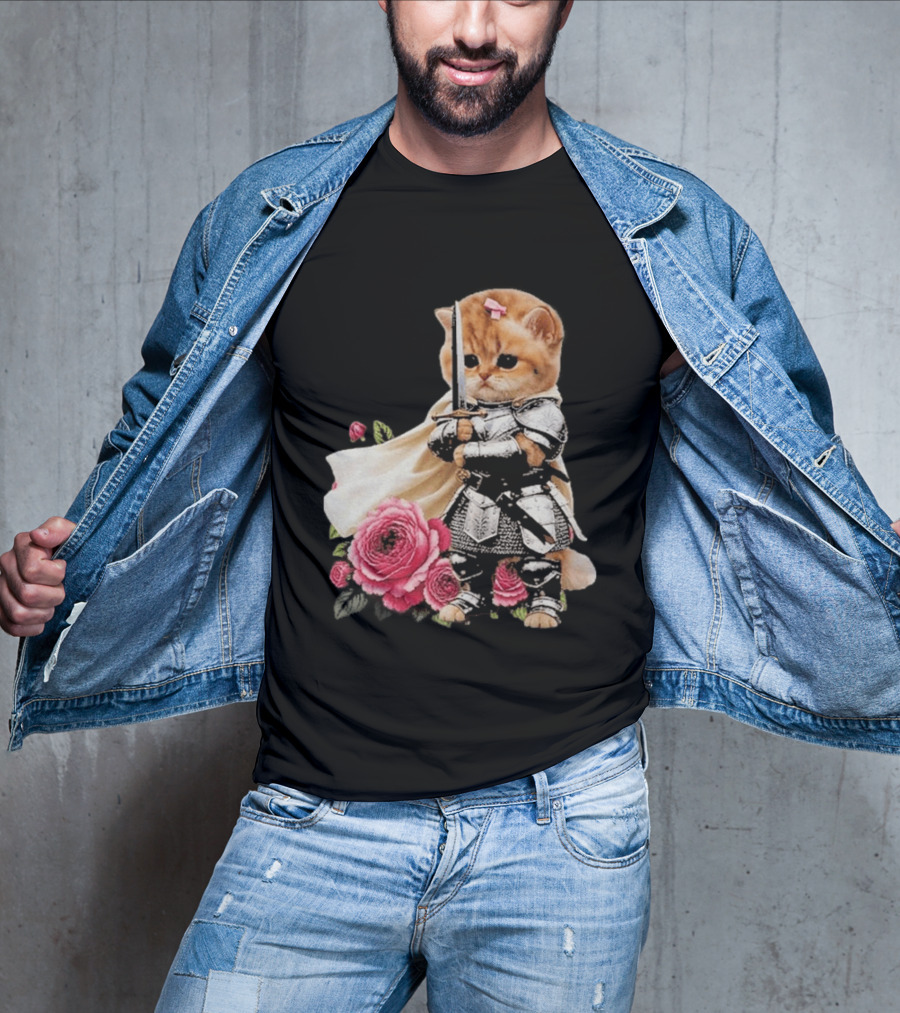 Knight Cat Holding Sword With Roses T-Shirt