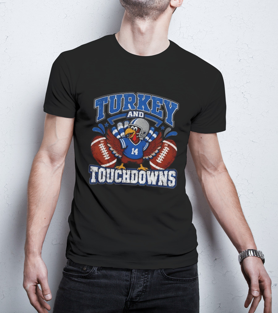 Detriot Lions Thanksgiving Football Turkey Touchdowns Fun T-Shirt