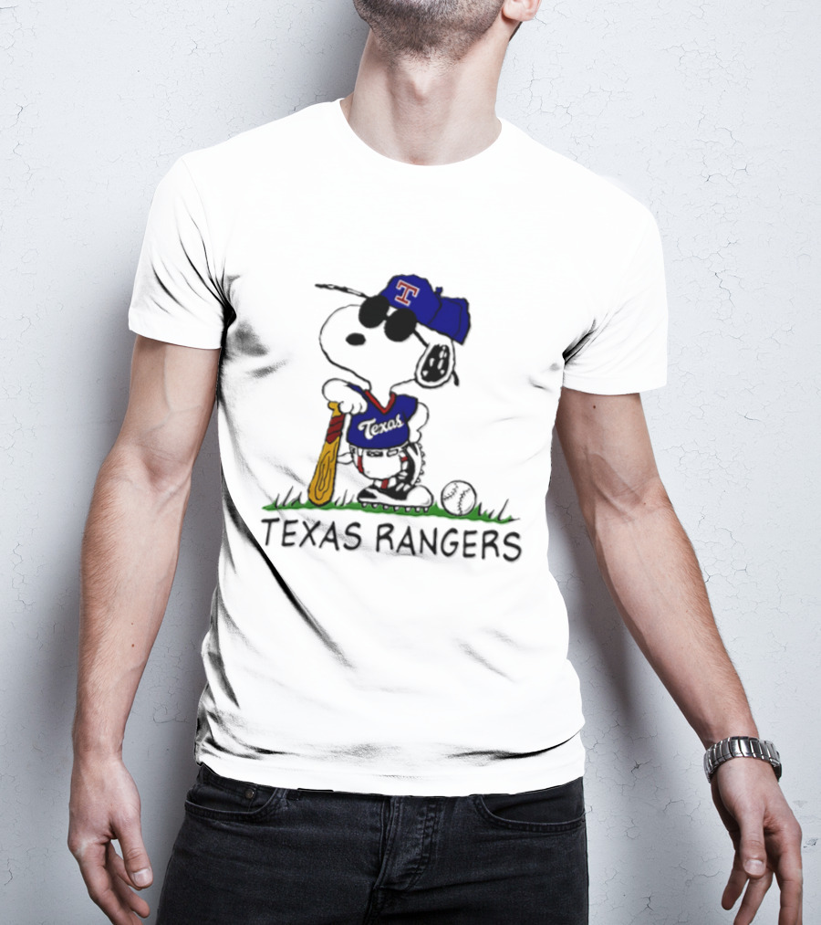 Snoopy Texas Rangers MLB Baseball Uniform With Sunglasses And Bat T-Shirt