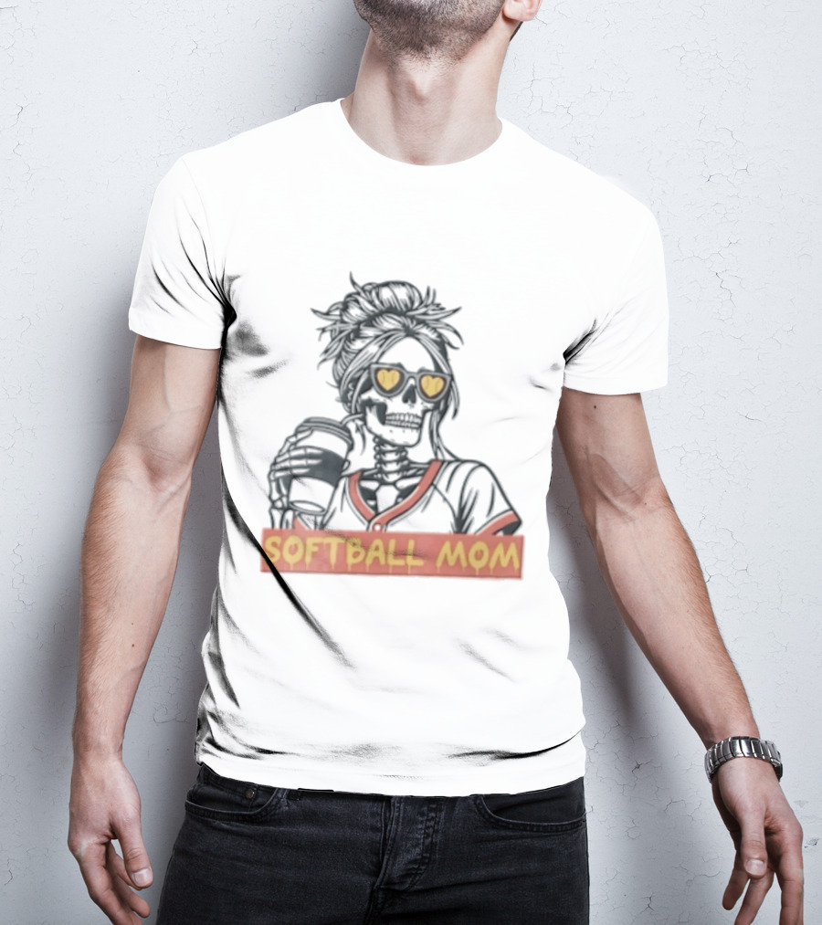 Softball MOM Skeleton Messy Bun Heart Sunglasses Coffee T-Shirt
