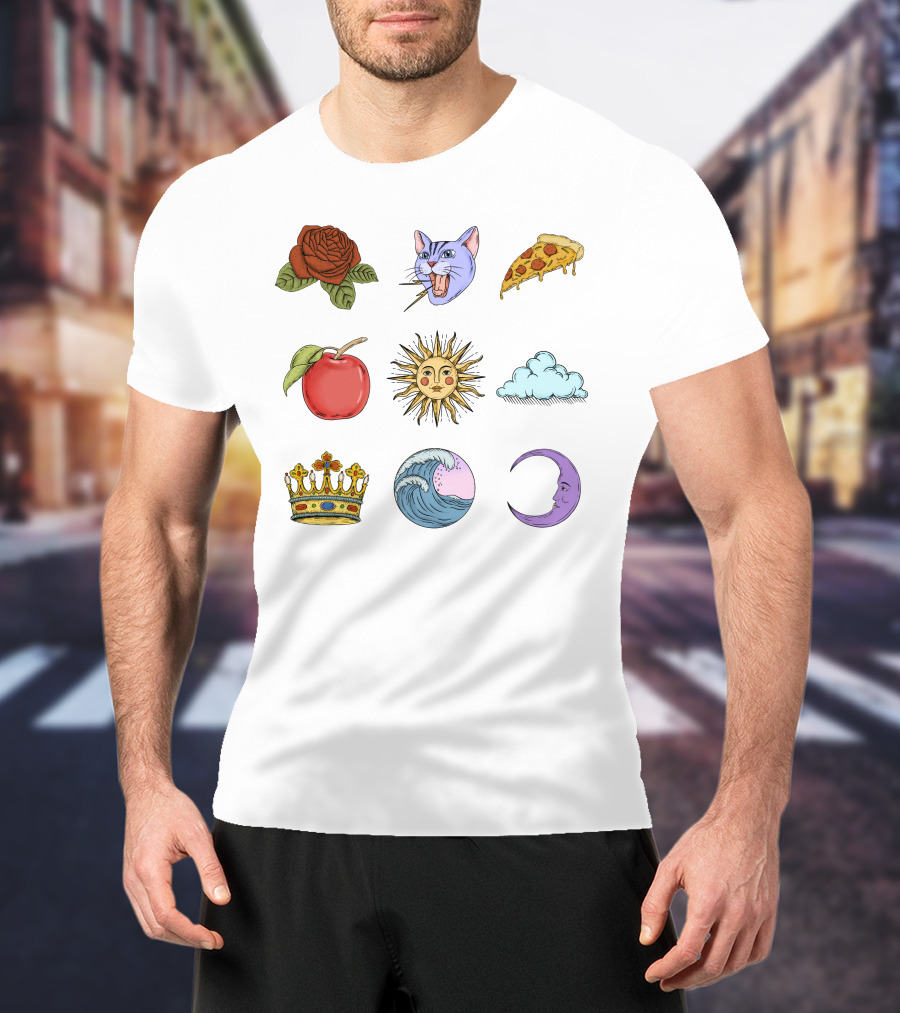 Rose Cat Pizza Apple Sun Cloud Crown Wave Moon T-Shirt