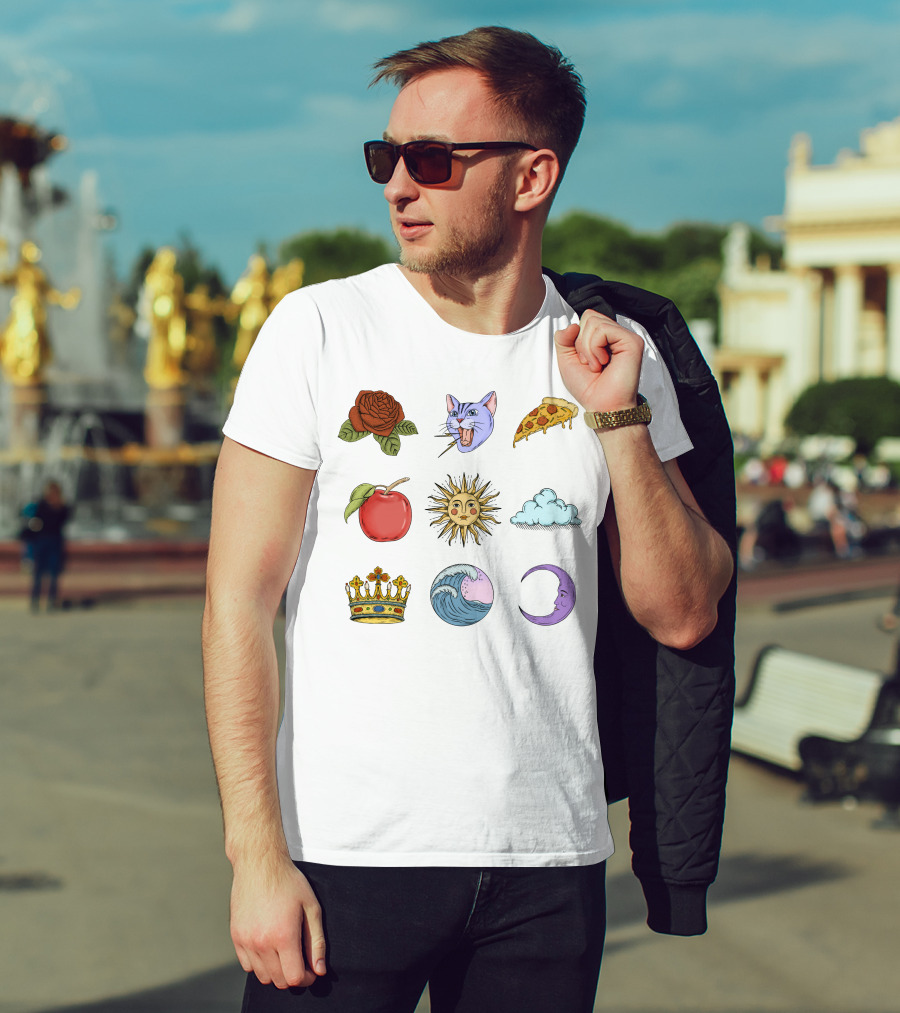 Rose Cat Pizza Apple Sun Cloud Crown Wave Moon T-Shirt