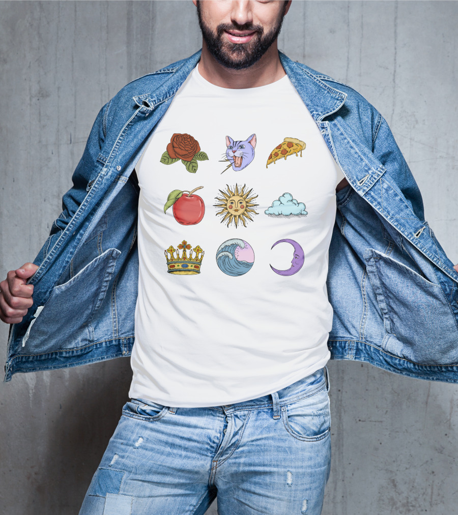 Rose Cat Pizza Apple Sun Cloud Crown Wave Moon T-Shirt