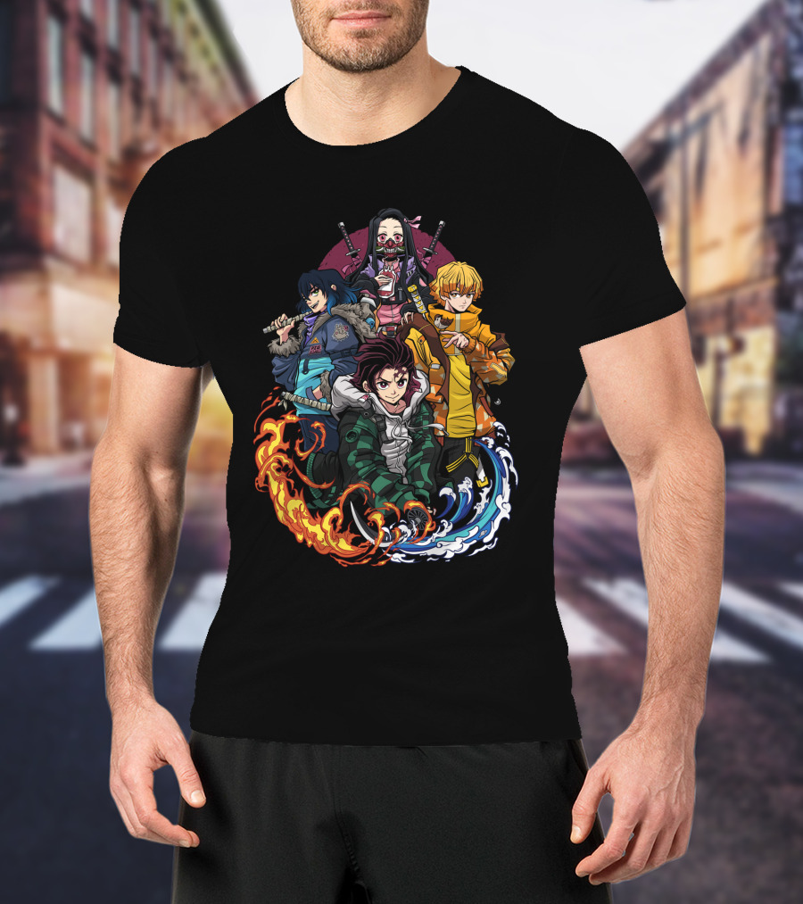 Kimetsu No Yaiba Demon Slayer Tanjiro Nezuko Zenitsu Inosuke Elemental Power Poses T-Shirt