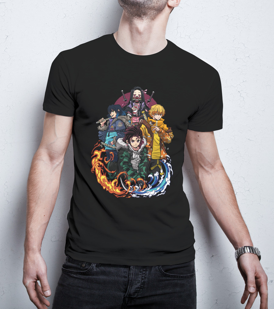 Kimetsu No Yaiba Demon Slayer Tanjiro Nezuko Zenitsu Inosuke Elemental Power Poses T-Shirt