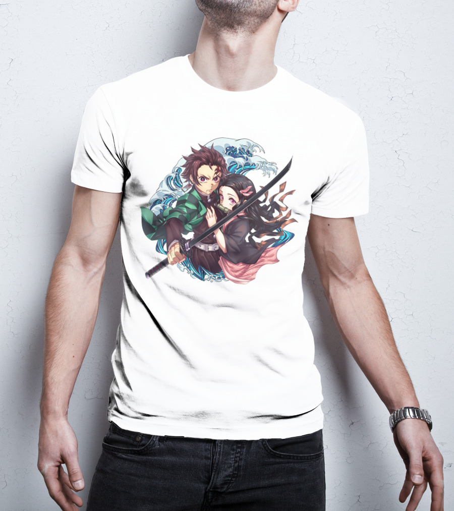 Kimetsu No Yaiba: Demon Slayer Tanjiro Kamado And Nezuko With Sword And Waves T-Shirt