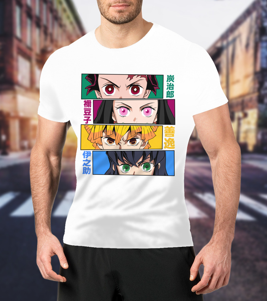 Demon Slayer Kimetsu No Yaiba Tanjiro Nezuko Zenitsu Inosuke Character Faces T-Shirt