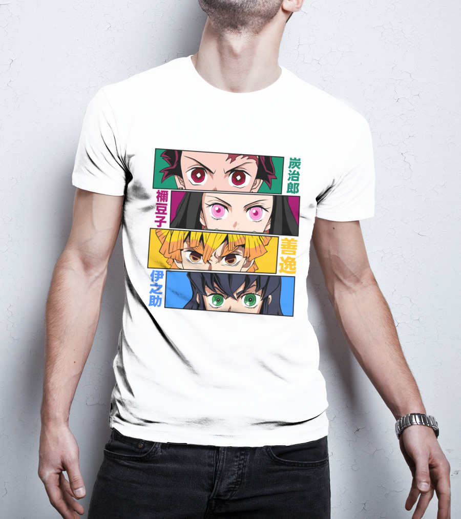 Demon Slayer Kimetsu No Yaiba Tanjiro Nezuko Zenitsu Inosuke Character Faces T-Shirt