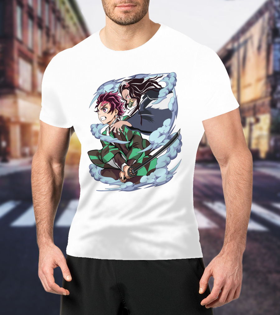Demon Slayer Kimetsu No Yaiba Tanjiro Nezuko Anime Characters Sword Action Scene T-Shirt