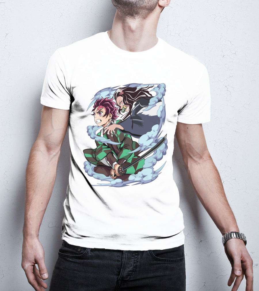 Demon Slayer Kimetsu No Yaiba Tanjiro Nezuko Anime Characters Sword Action Scene T-Shirt