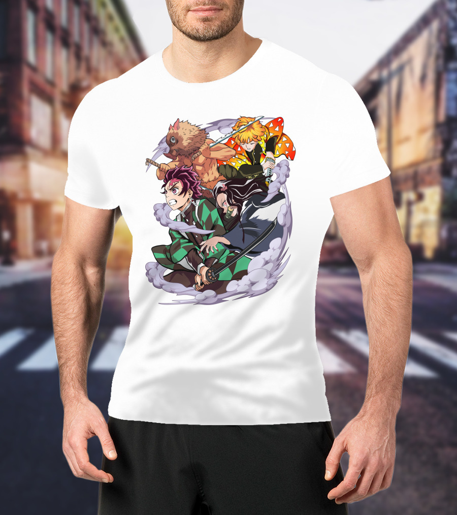 Demon Slayer Kimetsu No Yaiba Tanjiro Nezuko Zenitsu Inosuke Dynamic Action Scene T-Shirt