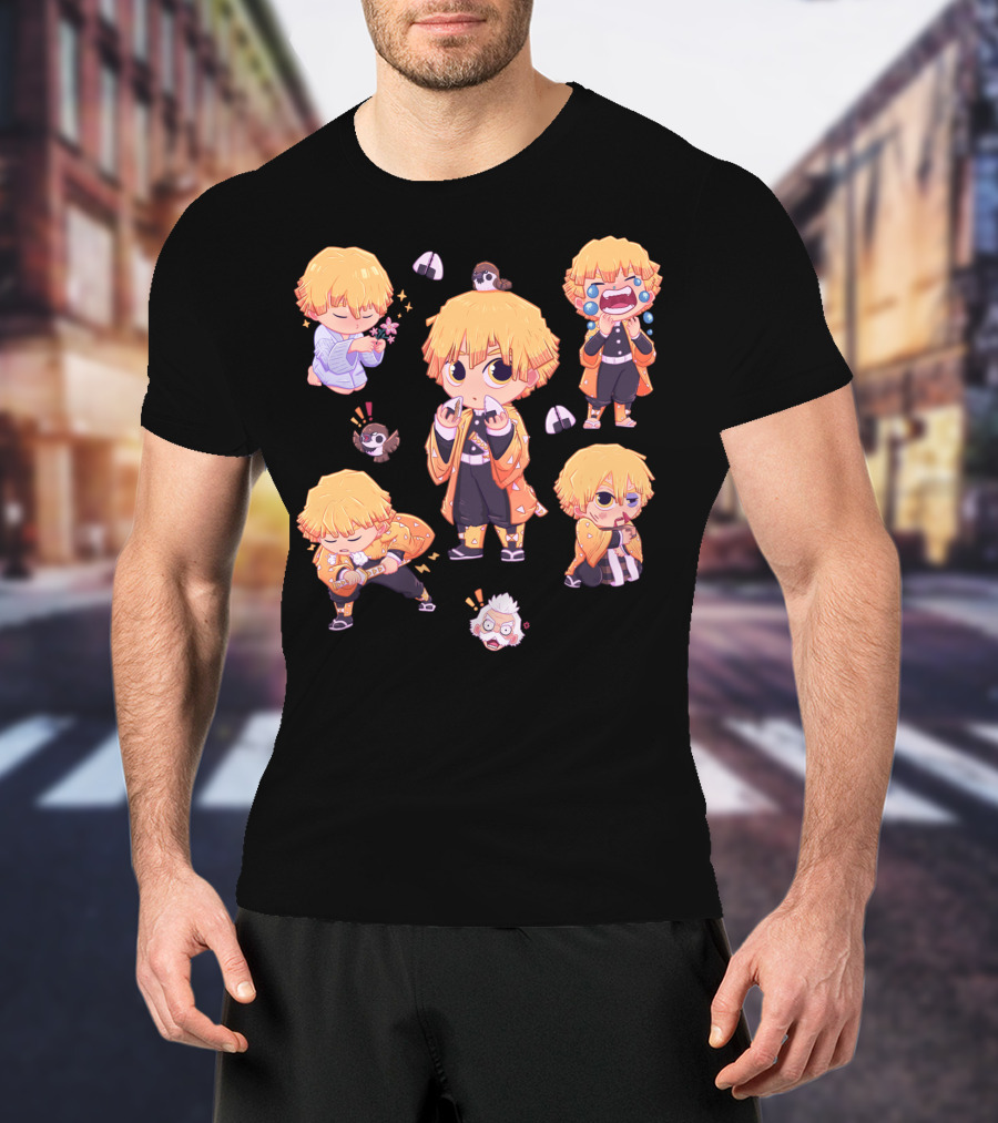 Demon Slayer Kimetsu No Yaiba Zenitsu Chibi Diverse Expressions And Birds Collection T-Shirt