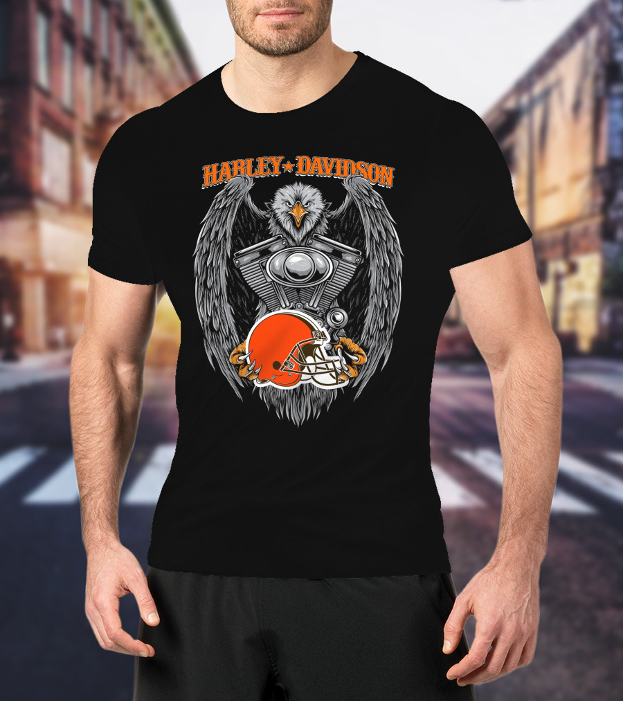 Harley Davidson Eagle With Cleveland Browns Football Helmet T-Shirt