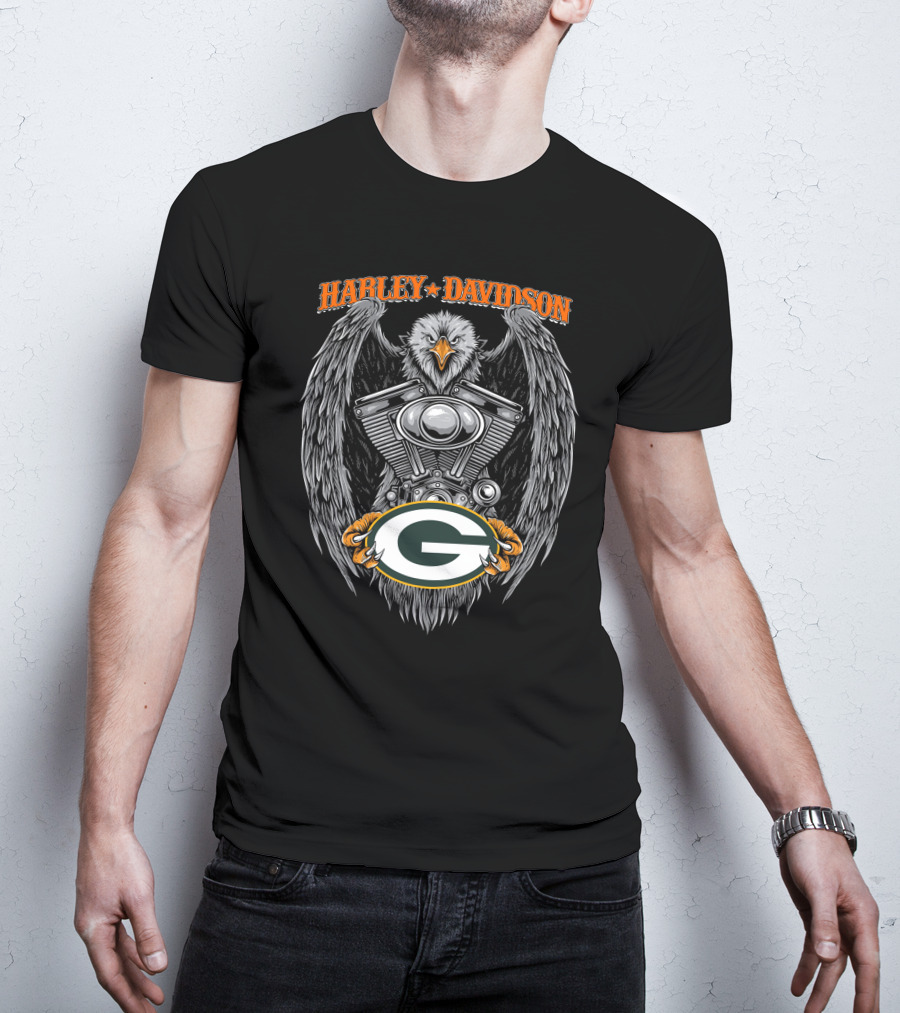 Harley Davidson Eagle V-Twin Engine With Green Bay Packers T-Shirt