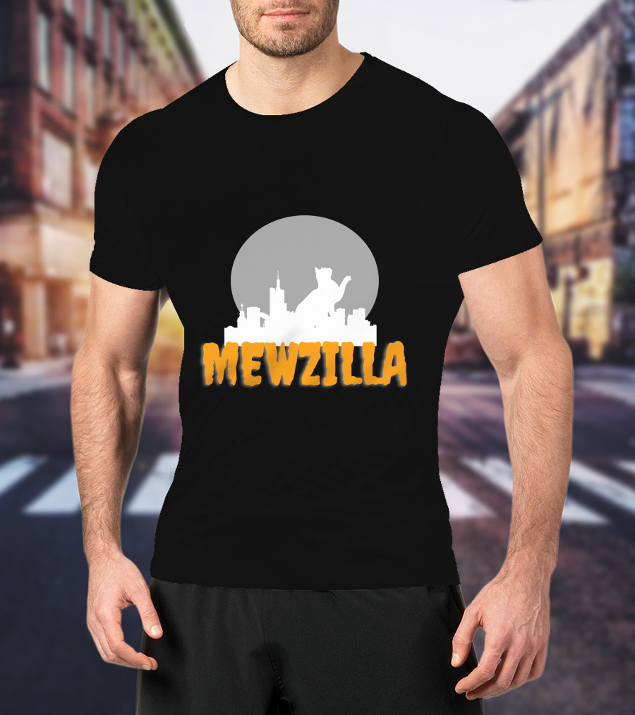 Mewzilla Cat Silhouette Over City Skyline Full Moon T-Shirt